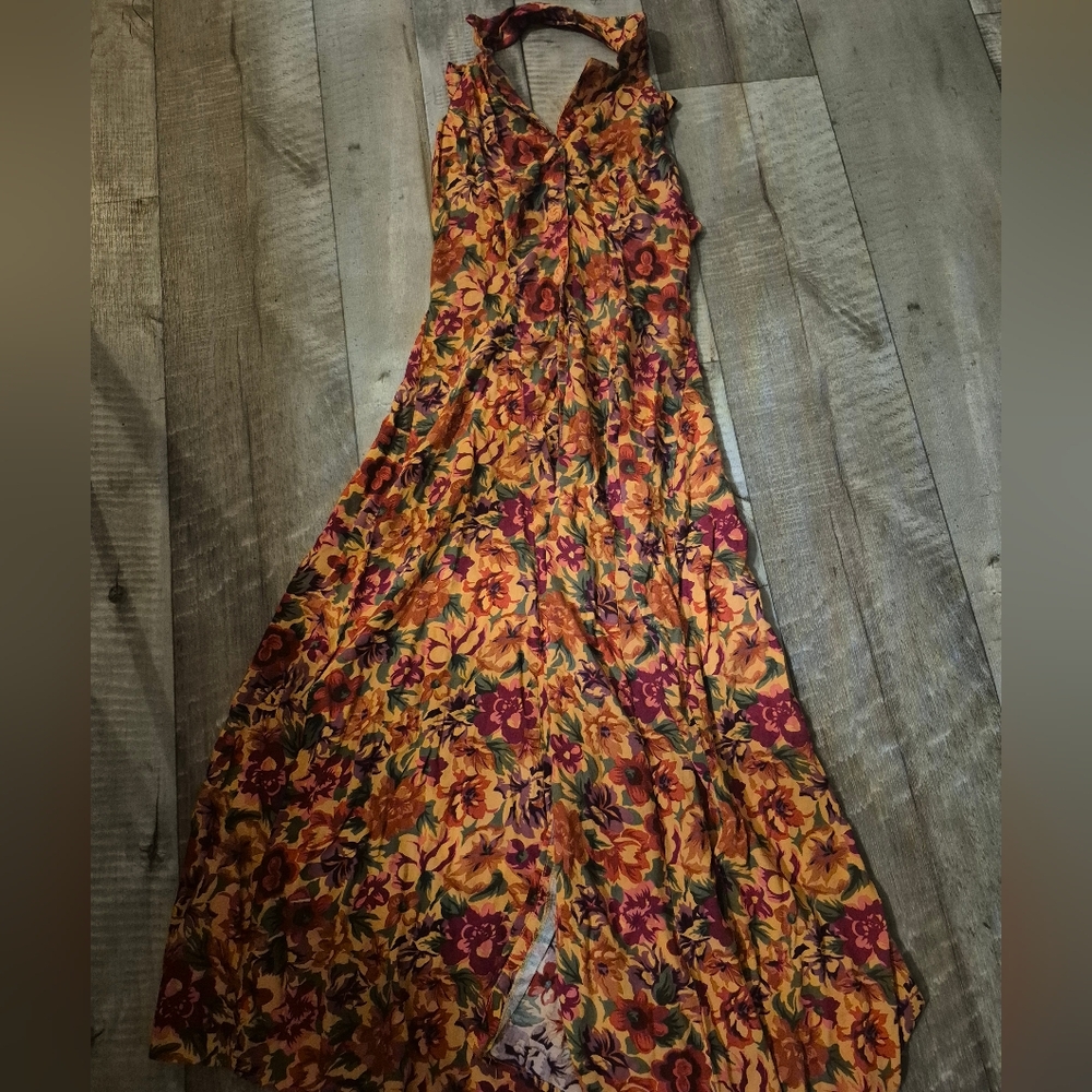 Joni Blair Dress Maxi Halter Button Down Vibrant Floral Vintage 3/S - Picture 5 of 5